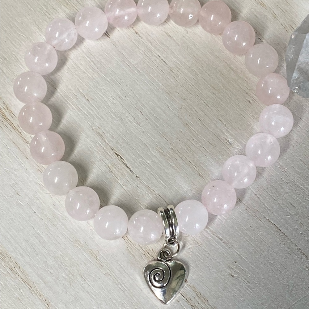 2/$30 - Rose Quartz Gemstone Stretchy Bracelet with Heart Charm - 8mm